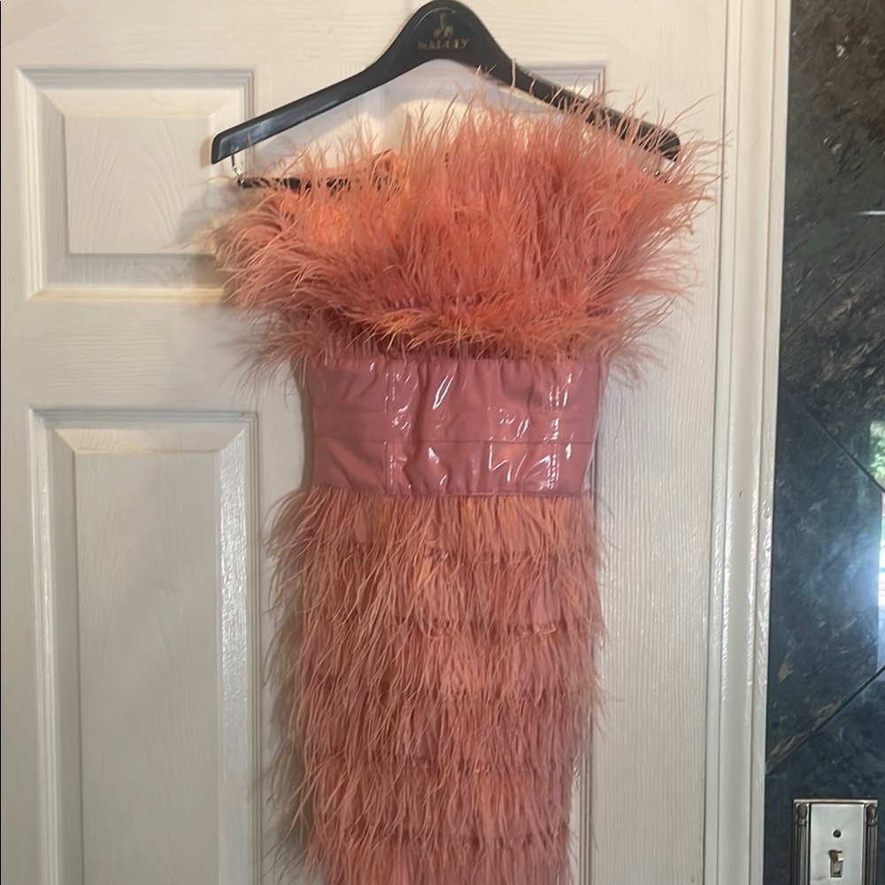 Pink Feathered Strapless Dress
